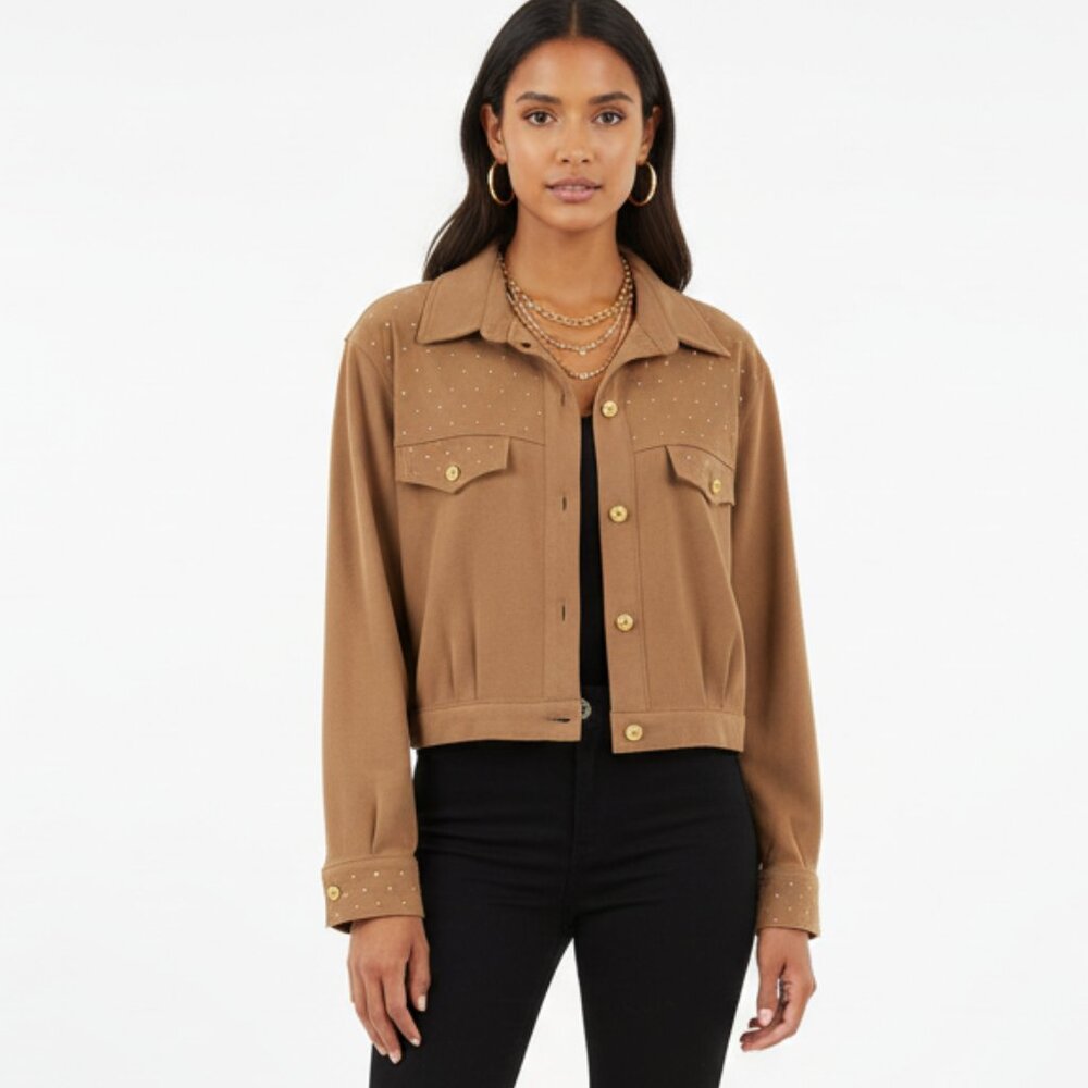 Lorraine Wardy Brown Vintage Embellished  Studded Zip Up Jacket S